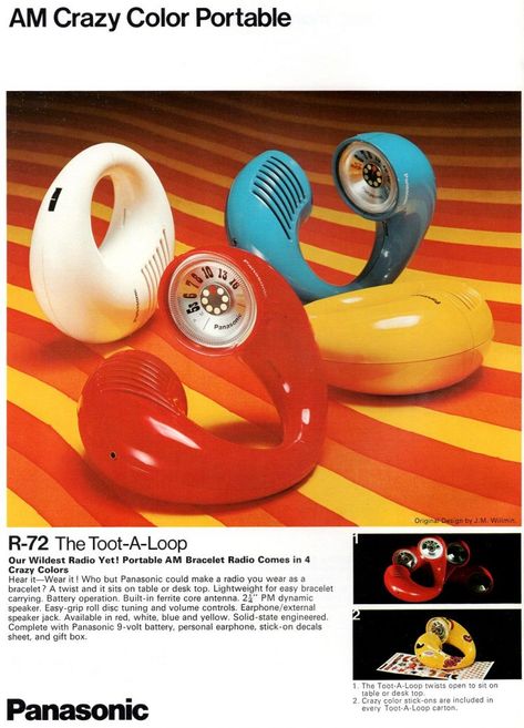 See the vintage Toot-A-Loop & Panasonic's other wacky portable radios from the '70s - Click Americana 70s Toys, Vintage Phones, The Seventies, Shapes And Colors, Portable Radio, Crazy Colour, Space Jam, Colorful Gifts, Cool Technology