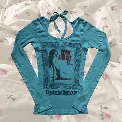 Hysteric Glamour teal ‘come and get it’ top!!🤍 super... - Depop Y2k Fitted Graphic Design T-shirt, Hysteric Glamour Outfit, Vintage Hysteric Glamour, Hysteric Glamour Logo, Glamour Logo, Hysteric Glamour Graphic, Hysteric Glamour Hoodie, Speedster Hysteric Glamour Shirt, Hysteric Glamour Top