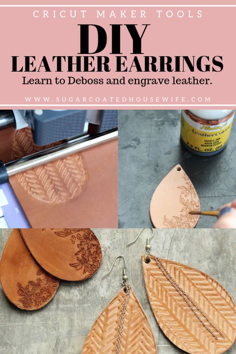 DIY LEATHER EARRINGS USING THE CRICUT MAKERS TOOLS Leather Cricut, Diy En Cuir, Inkscape Tutorials, Diy Jewelry To Sell, Diy Leather Earrings, Leather Jewelry Diy, Maker Project, Cricut Craft Room, Diy Cricut