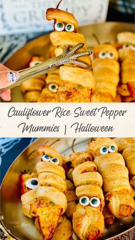 Transform your Halloween feast into a whimsical delight with these adorable cauliflower rice sweet pepper mummies! Wrapped in golden puff pastry, these spooky bites are not just a treat for the eyes but a deliciously clever way to sneak in some veggies. And enjoy your "All Hallow's Eve"! Halloween Feast, Halloween Cookie Recipes, Pumpkin Spice Recipe, Baked Veggies, Sweet Pepper, Halloween Baking, Spice Recipes, About Halloween, Fall Baking