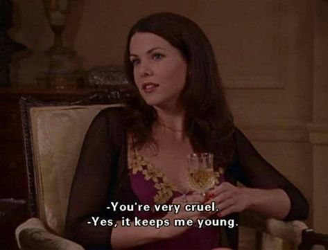 “-You're very cruel. +Yes, It keeps me young.” —Lorelai Gilmore Rory Gilmore Quotes, Gilmore Quotes, 1990 Style, Lorelei Gilmore, Gilmore Girls Quotes, Series Quotes, Lorelai Gilmore, I Love Cinema, Movie Lines