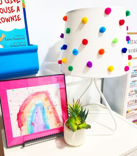 Emily 🍏 Polka Dots Please on Instagram: “FUN Summer Project 🔴🟠🟡🟢🔵🟣 Grab an inexpensive lamp and hot glue pom poms on the shade! P.S. this lamp was from Target college section…” Pom Pom Lamp, Little Lamp, Laura Numeroff, First Grade Teacher, 4th Grade Classroom, Summer Projects, Teacher Hacks, My Story, Teacher Life