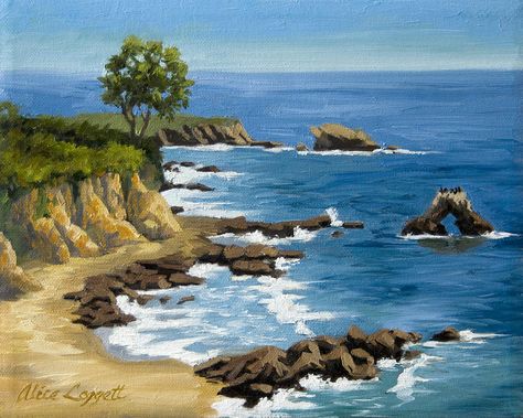 Corona Del Mar California Painting by Alice Leggett Beginner Painting On Canvas, Easy Canvas Painting, Ocean Painting, Beginner Painting, Beach Painting, Paintings Art Prints, Painting Art Projects, Seascape Paintings, Ocean Art