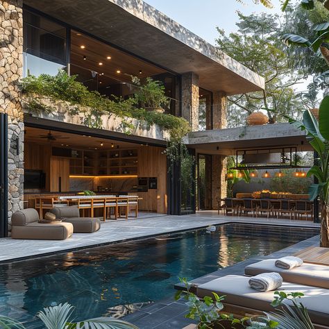 Tropical Home Design Exterior, Bali Houses Architecture, Villa Bali Design, Balcony Design House, Bali Villa Design, Burgundy Christmas Decor, Design Terrace, Bad Case Of Stripes, Kitchen Light Fixtures