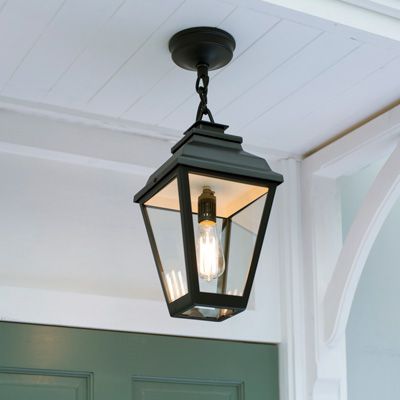 Hackney Lantern chain mounted House Doors Colors, Porch Pendant Light, Hanging Porch Lights, Black Porch, Metal Range Hood, Garden Lighting Ideas, Garden Wall Lights, Natural Building Materials, Front Door Styles