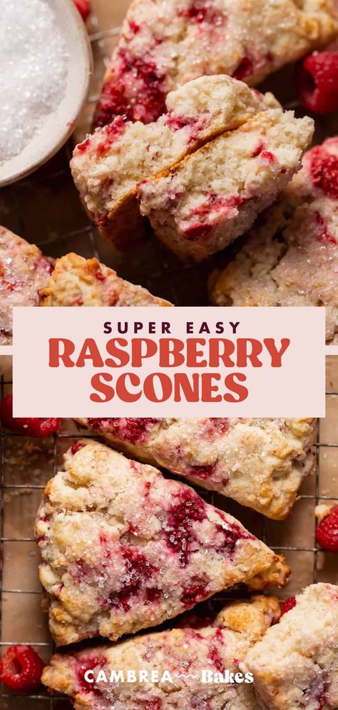 Bursting with juicy, fresh raspberries and boasting a melt-in-your-mouth texture, these raspberry scones are even better than from a bakery! With a soft, plush crumb and a slightly crunchy exterior, they are perfectly sweet and rich without being dry or chalky. Fresh Raspberry Scones, Raspberry Scones With Frozen Raspberries, Raspberry Orange Scones, Raspberry Scones Pioneer Woman, Easy Raspberry Scones, Raspberry Cream Cheese Scones, Raspberry Almond Scones, Homemade Scones Recipes, Sourdough Raspberry Scones