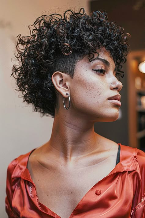 Short Curly Fade Women, Long Pixie Curly Hair, Curly Short Hair Korean, Undercut Curly Hair Woman, Hair Korean Style Short, Style Curly Short Hair, Short Layered Haircuts Curly Hair, Short Curly Mullet Hairstyle Women, Short Curly Cuts For Round Faces