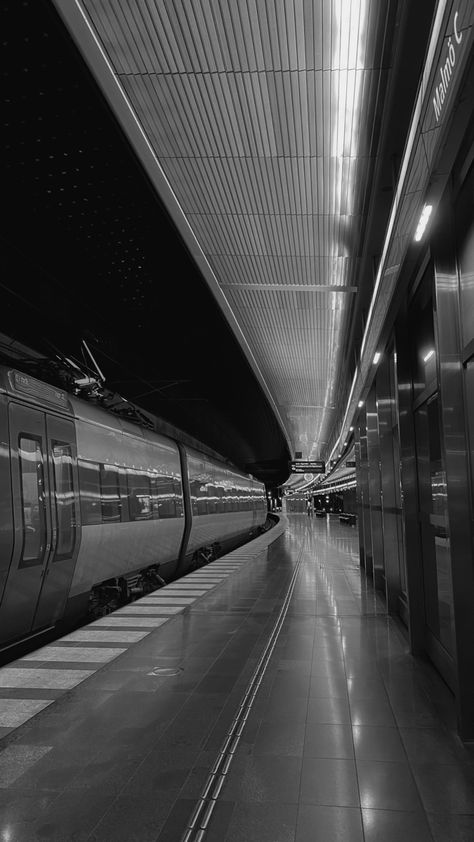 Black and white photos. Atmosphere. Art. Train station. Malmo. Sweden. World. Maps. Trips. Travel blog. Vacation. Guide. Aesthetic. Moment. Motivation. Life. Love. Sadness. Dark picture. Old school. Tour. Architecture. Transport. Platform. Must visit. Move. Black And White Train Station, Train Asthetic Picture, Tour Guide Aesthetic, Travel Asthetics Photos, Dark Asthetics Photos, Guide Aesthetic, Dark Picture, Train Wallpaper, Malmo Sweden