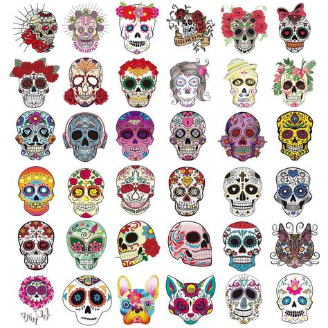 Ooopsiun Day of the Dead Sugar Skull Tattoos for Kids - 40 Sheets Skull Halloween Tattoos Stickers for Kids Boys Grils Mexican Halloween Party Favor Supplies Small Sugar Skull Tattoo, Day Of The Dead Tattoos, Sugar Skull Images, Mexican Skull Tattoos, Day Of The Dead Tattoo, Candy Skull Tattoo, Couple Tat, Mexican Halloween, Mexican Skull