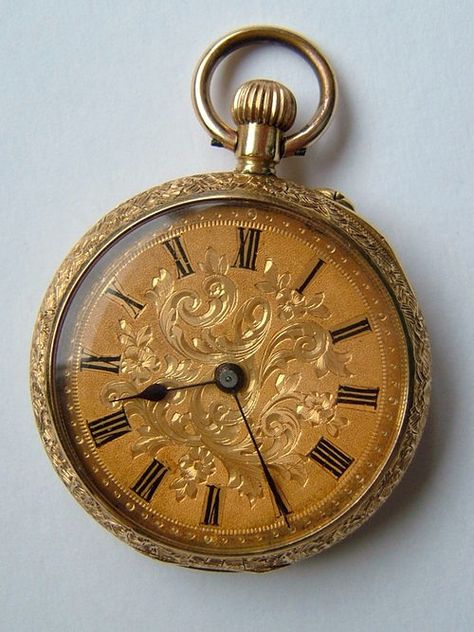 .      Intricately engraved Victorian gold fob pocket watch. Tattoo Clock, Old Pocket Watches, Antique Pocket Watch, Gold Pocket Watch, Pocket Watch Antique, Fob Watch, Old Clocks, Vintage Pocket Watch, Pendant Watches