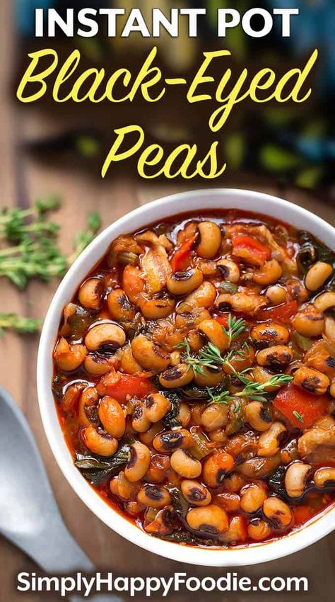 Instant Pot Black Eyed Peas is a delicious, traditional meal for New Year's. Make these pressure cooker Black Eyed Peas with collard greens for good luck and prosperity in the New Year! simplyhappyfoodie.com #instantpotrecipes #instantpotblackeyedpeas #instantpotbeans #instantpotcollardgreens Blackeyed Pea Recipes, Simply Happy Foodie, Black Eyed Pea Soup, Blackeyed Peas, Mushroom Bacon, Black Eyed Peas Recipe, Recipe Instant Pot, Peas Recipe, Parmesan Rind