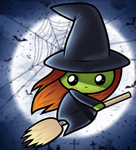 how to draw a cute witch Witch Drawing Easy, Witch Artwork, Witch Cartoon, Easy Halloween Drawings, Cute Halloween Drawings, Cartoon Witch, Witch Painting, Witch Drawing, Halloween Crafts Preschool