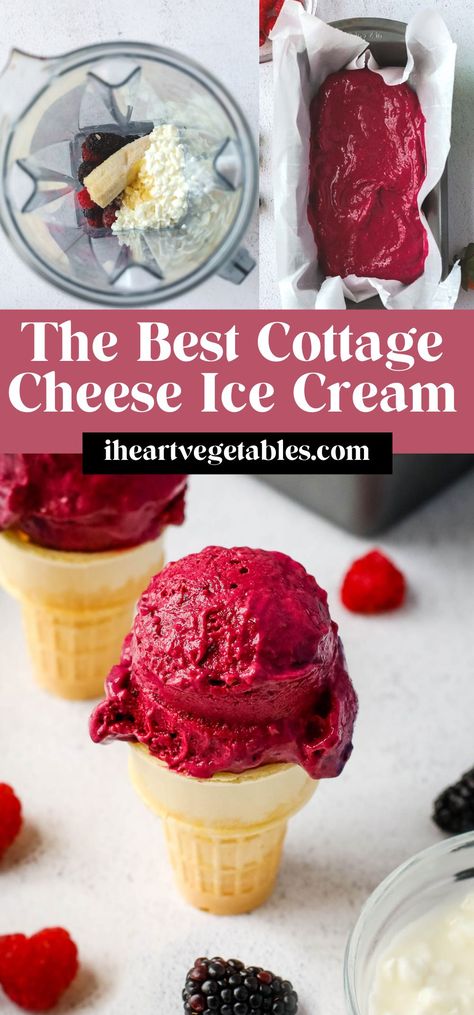 This tasty ice cream is made with frozen fruit and cottage cheese for a healthy treat that is creamy and delicious! It only takes a few minutes to make this simple recipe! Healthy Ice Cream Recipes Clean Eating, Ice Cream Made From Cottage Cheese, Raspberry Cottage Cheese Ice Cream, Blueberry Cottage Cheese Ice Cream, Cottage Cheese Ice Cream Peanut Butter, Cottage Cheese Popsicles, Keto Cottage Cheese Ice Cream Recipes, Ice Cream Made With Cottage Cheese, Frozen Cottage Cheese Bark