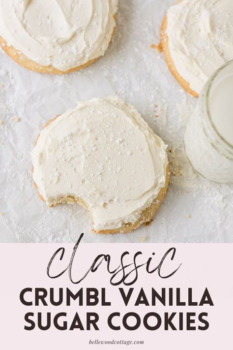 This copycat recipe for Crumbl Vanilla Sugar Cookies features thick tender sugar cookies topped with a generous swirl of homemade vanilla buttercream frosting. They are easy to make (no hard to find ingredients here!), freezer-friendly, and oh so good! Crumbl Cookie Copycat Nilla Bean, Copycat Swig Sugar Cookies, Vanilla Crumble Cookies, Crumble Sugar Cookie Copycat, Crumbl Sugar Cookie Copycat, Copycat Crumbl Cookies Recipes, Homemade Crumbl Cookies, Crumble Cookie Copycat Recipe, Crumbl Sugar Cookies