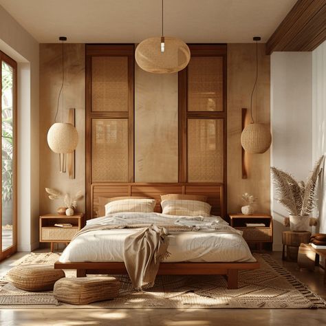 A bedroom with wood furniture and earthy tones like brown, beige, or terracotta, creating a grounding, stabilizing energy, Feng Shui style3 Modern Tropical Bedroom, Indochine Bedroom, Bohemian Modern Bedroom, Bali Bedroom, Woven Headboard, Rattan Bedroom, Rattan Pendant Lights, Restful Bedrooms, Feng Shui Principles