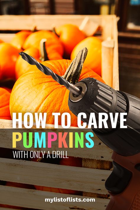 Pumpkin carving tools are sharp, and carving with those tiny tools can take forever. Plus, lets be honest, it’s kind of a mess!  I find pumpkin goop in my hair for days! If you trust your kiddos with a power drill (I guess this is no safer than the pumpkin carving tools..) or just a handheld screw driver, you might want to try carving your pumpkins with a drill! #pumpkin #carving #fall Drilling Pumpkins Ideas, Pumpkin Carving Drill Patterns, Pumpkin Carving Ideas Drill Holes, Drill Pumpkin Carving, Pumpkin Carving With Drill, How To Carve Pumpkins, Small Pumpkin Carving Ideas, Ghost Stencil, List Of Lists