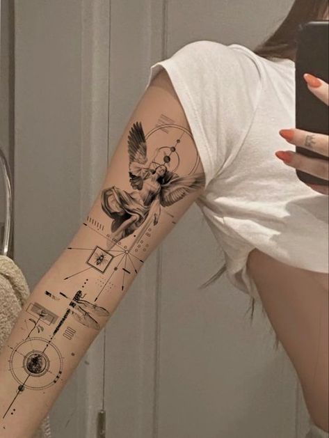 Patient Tattoo, Sleeve Tattoo Ideas For Women, Half Sleeve Tattoo Ideas, Rip Tattoos For Mom, Sleeve Tattoo Ideas, Tattoo Ideas For Women, Greek Tattoos, Modern Tattoos, Classy Tattoos