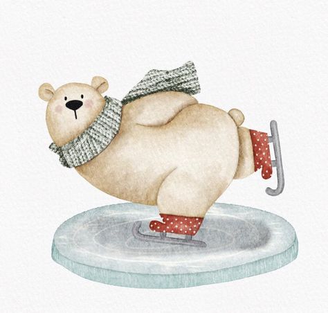 Christmas Bear Painting, Christmas Polar Bear Illustration, Winter Bear Drawing, Cute Christmas Animals Drawings, December Watercolor, Christmas Animals Illustration, Polar Bear Painting, Funny Family Christmas Cards, Polar Bear Drawing