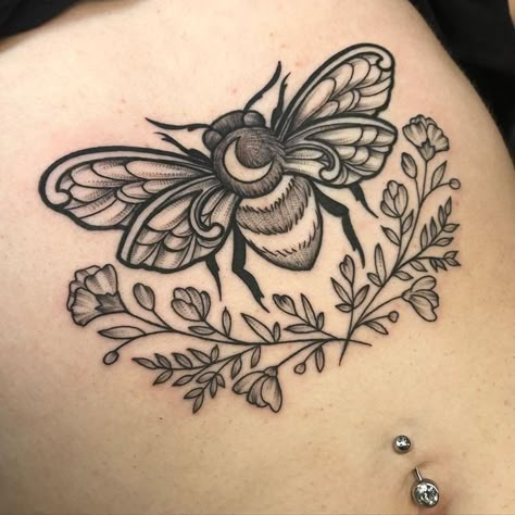 Bee And Flower Tattoo, Bluebird Tattoo, Floral Back Tattoos, Bee Tattoos, Bumble Bee Tattoo, Torso Tattoos, Insect Tattoo, Bug Tattoo, Elbow Tattoos