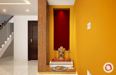 Recessed Wall Niche Ideas For Modern Indian Homes Door Murals Painted, Recessed Wall Niche Ideas, Pooja Room Ideas, Wall Niche Decor, Modern Wall Niche, Pooja Room Designs, Wall Niche Ideas, Riddhi Siddhi, Recessed Wall Niche