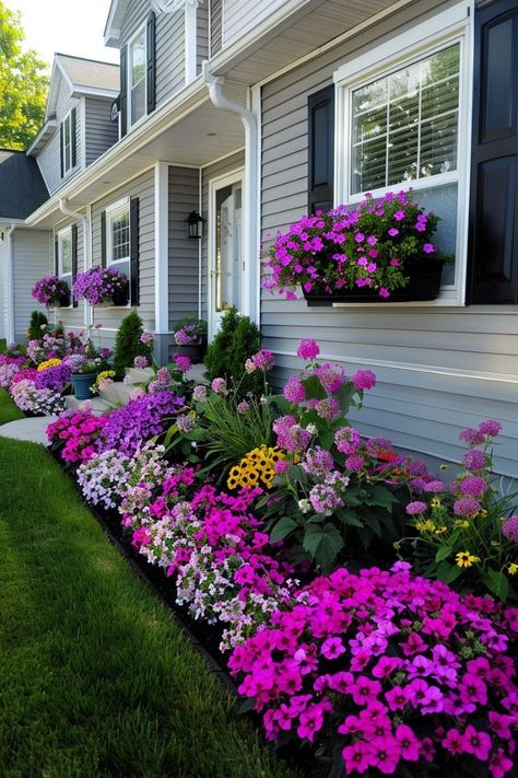 Front Lawn Landscaping, Front Garden Landscape, Garden Flower Beds, Front Yard Garden Design, Cottage Garden Design, Lawn And Landscape, Home Garden Design, In Front Of House, Beautiful Flowers Garden