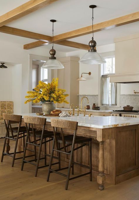 Kitchen Island With Posts, Ashley Montgomery Design, Kitchen Island With Legs, Ashley Montgomery, Recessed Can Lights, Stone Fireplace Surround, Island Stools, Fireplace Tile Surround, White Kitchen Island