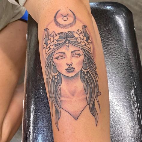 Cute Taurus Tattoo For Women, Taurus Lady Tattoo, Taurus Fairy Tattoo, Taurus Tarot Card Tattoo, Taurus Woman Tattoo, Taurus Goddess Tattoo, Taurus Goddess, Saints Tattoo, Saint Tattoo