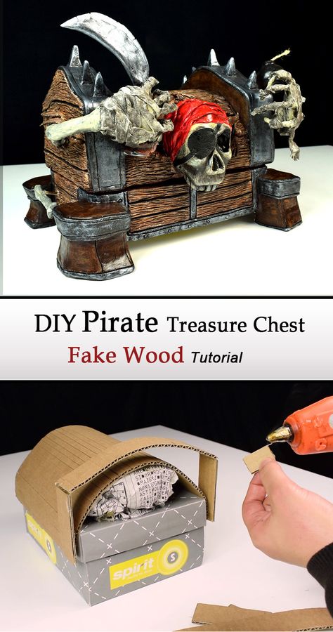 DIY Pirate Treasure Chest with Secret Lock | DIY Jewelry Box Cardboard | Paper Clay Tutorial How to make a Pirate Treasure Chest with Secret Lock using mainly a shoes box, Cardboard, Paper clay (or Polymer clay). It’s fun to make and you can use it as a Jewelry Box :) Paper Mache Treasure Chest, Diy Pirate Chest Cardboard Boxes, Pirate Boxes Diy, Diy Pirate Treasure Chest, Diy Pirate Chest, Cardboard Jewelry Box Diy, Diy Jewelry Box Cardboard, Diy Pirate Treasure, Pirate Treasure Chest Craft