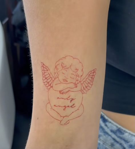 Only Angel Tattoo, Tattoo Dainty, Harry Tattoos, Dainty Tattoo, Tattoo Angel, Only Angel, Cherub Tattoo, Holding Heart, Red Tattoos