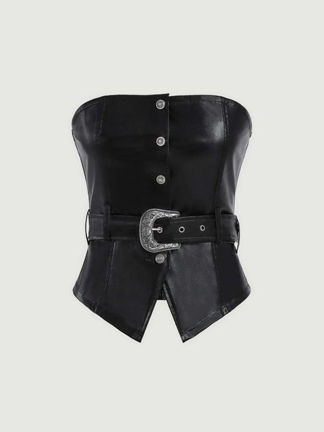 SHEIN MOD Button Front PU Leather Tube Top | SHEIN USA Leather Tube Top, Top Shein, Tumblr Outfits, Stage Outfits, Women Tops, All About Fashion, Tube Top, Pu Leather, Fashion Blogger