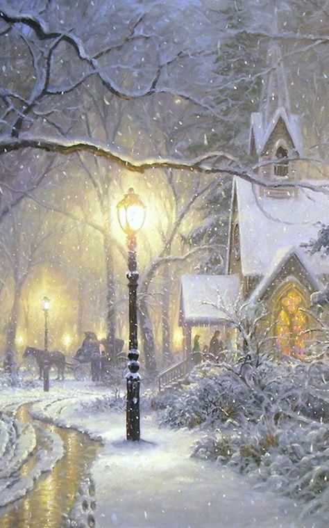 White Christmas Kinkade Paintings, Snowy Night, Snow Falling, Christmas Scenery, Winter Szenen, Vintage Christmas Images, Winter Painting, Winter Magic, Winter Scenery