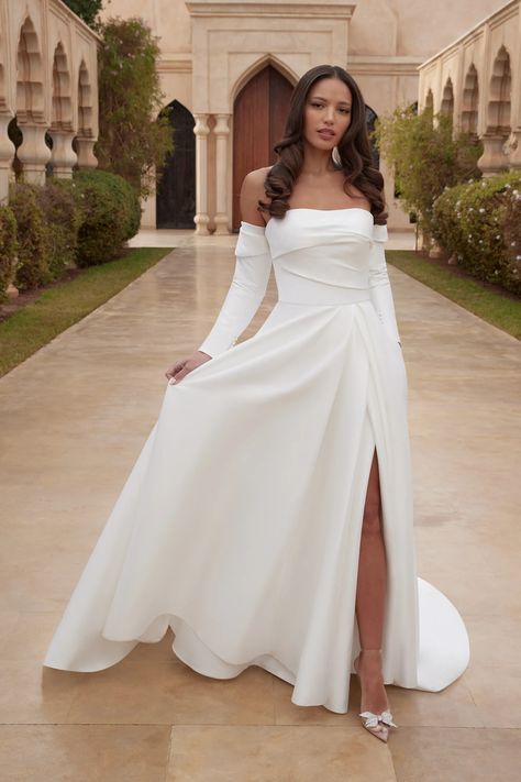 44416: Strapless Stretch Mikado A-Line with Draped Straight Neckline | Sincerity Bridal Wedding Dress Straight Neckline, Wedding Dress Straight, Gown With Sleeves, Mikado Wedding Dress, Justin Alexander Wedding Dress, Sincerity Bridal, Lovely Wedding Dress, Justin Alexander, Stunning Wedding Dresses