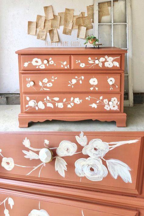 I think Abbey might just be the queen of mixing paint colors! 👑 For this pretty dresser, she combined Fresh Mustard, Devotion, Peachy Keen, and just a hint of Starstruck. Isn't the color lovely? Do you have any color recipes to share? Project by Painted Home Goods Mural On Dresser, Floral Painted Dresser, Hand Painted Dressers Diy, Painted Dresser Nursery, Painting Drawers, Paint Dresser Diy, Pretty Dresser, Dresser Remodel, Diy Furniture Makeover