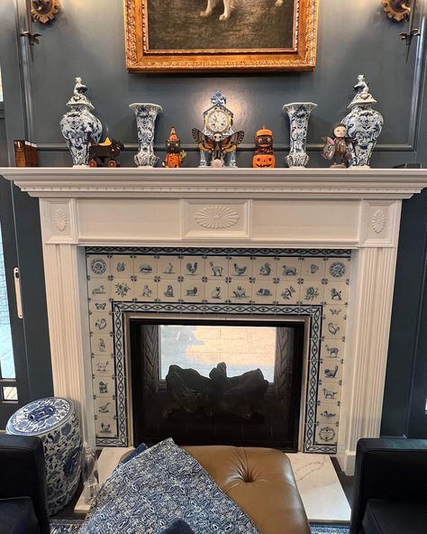 Fireplace Italian Style, Blue Tile Fireplace Ideas, Delft Fireplace Surround, Dutch Tile Fireplace, Hand Painted Tile Fireplace, Blue And White Tile Fireplace, Blue Tiled Fireplace, Delft Tile Fireplace Surround, Delft Tiles Fireplace