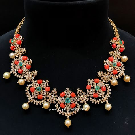 Buy Diamond Necklace Online | Indian Diamond Necklace Designs Indian Diamond Necklace, Coral Jewelry Set, Orange Jewelry, Gold Jewelry Simple Necklace, Beautiful Gold Necklaces, Gold Necklace Indian Bridal Jewelry, Diamond Necklace Designs, Beaded Necklace Designs, Antique Jewelry Indian