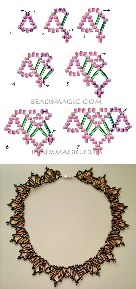 Free pattern for beaded necklace Bronze Evening | Beads Magic Bead Necklace Pattern, Flower Bead Necklace, Necklace Grunge, Diy Necklace Patterns, Beads Magic, Simple Beaded Necklaces, Necklaces Diy, Beaded Necklace Patterns, Beading Netting