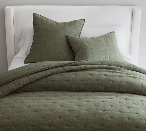 Belgian Flax Linen Waffle Quilt | Pottery Barn Moss Green Bedding, Waffle Quilt, Park House, Linen Sheet Sets, House Bedroom, King Bedroom, Quilted Sham, Master Bedrooms, Linen Sheets