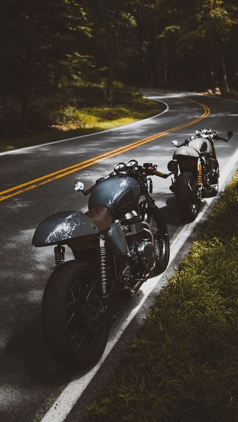 Two custom Triumph Thruxtons 🏍🏍 Triumph Aesthetic, Cafe Racer Aesthetic, Racer Aesthetic, Cb 250 Twister, Triumph Cafe Racer, Triumph Bikes, Honda Cbr 600 Rr, Vintage Cafe Racer, Мотоциклы Cafe Racers