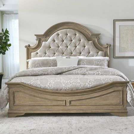 Accent your bedroom with the perfect blend of European Traditional design, using this unique upholstered panel bed. Upholstered in tufted Tweed Taupe Mist fabric, this bed features a Weathered Bisque finish with heavy chipping. The arched crowning and dog bone accents on each corner effortlessly add both definition and character, completing your look. Features : Bolt On Rail System Center Support Slat System Button-Tufted Tweed Taupe Mist Upholstery Chipping and Distressing Color: Multicolor. Shabby Chic Bedroom Furniture Sets, Farmhouse Chic Bedroom Overstock, Bedroom Furniture Country, White And Brown Bedroom Furniture Farmhouse, Cream Farmhouse Bedroom Furniture, Farmhouse Bedrooms With Painted Furniture, Paula Deen Furniture Bedroom, French Country Bedroom Decor, French Country Bed