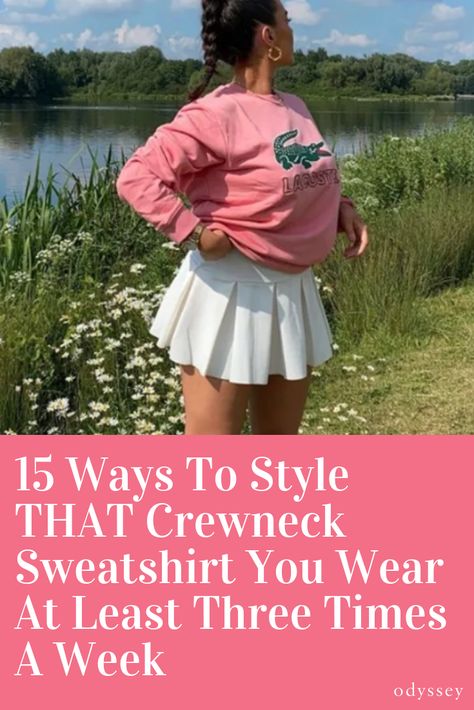 Women Crewneck Sweatshirt, Outfits With Crew Neck Sweatshirts, How To Style Oversized Sweatshirts, How To Style Crewneck, Crewneck Outfits, Crew Neck Sweatshirt Outfit, Crewneck Sweatshirt Outfit, Bucket Hat Outfit, English Fashion