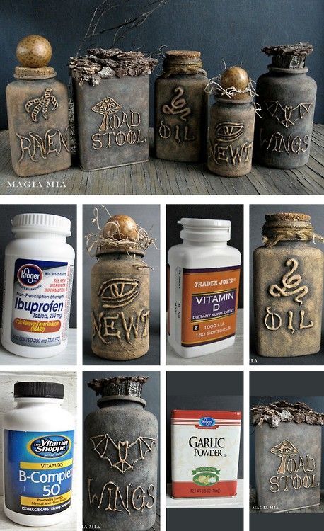 Halloween crafts: DIY Halloween Apothecary JarsÃ¢ÂÂ Tutorial from Magia Mia. Turn plastic vitamin bottles into creepy apothecary jars using a glue gun and chalkboard paint.. Ide Halloween, Diy Halloween Apothecary Jars, Halloween Apothecary Jars, Strašidelný Halloween, Dekorasi Halloween, Halloween Diy Outdoor, Halloween Apothecary, Halloween Decor Diy, Rustic Wedding Decorations