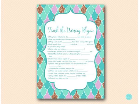 Mermaid Baby Shower Games Nursery Rhyme Baby by MagicalPrintable #babyshowerideas4u #birthdayparty  #babyshowerdecorations  #bridalshower  #bridalshowerideas #babyshowergames #bridalshowergame  #bridalshowerfavors  #bridalshowercakes  #babyshowerfavors  #babyshowercakes Shower Songs, Baby Shower Songs, Baby Shower Mad Libs, Mermaid Bridal Showers, Clothes Pin Games, Baby Name Game, Dont Say Baby Game, Beach Bridal Showers, Baby Shower Candy