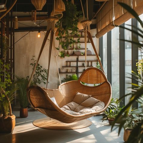 Cozy Hanging Chair: A tranquil corner with a stylish hanging chair surrounded by lush green plants in sunlit harmony. #interior #design #relaxation #sunlight #plants #aiart #aiphoto #stockcake ⬇️ Download and 📝 Prompt 👉 https://stockcake.com/i/cozy-hanging-chair_304004_432416 Hanging Sofa Indoor, Harmony Interior Design, Modern Hanging Chairs, Sunlight Plants, In Home Library, Cozy Window Nook, Hanging Lounge Chair, Den Room, Indoor Hammock