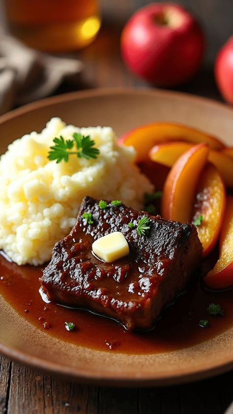 Apple Cider Braised Short Ribs with Mashed Potatoes Cider Braised Short Ribs, Braised Short Ribs Recipe, Short Ribs Slow Cooker, Best Apple Cider, Colorful Carrots, Hearty Casseroles, Thanksgiving 2024, With Mashed Potatoes, Braised Short Ribs