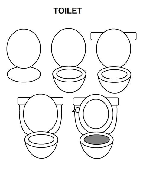 Step-by-step to draw a toilet Toilet Drawing Easy, How To Draw A Toilet, Cheer Painting, Draw Furniture, How To Paint Behind A Toilet, School Spirit Ideas Pep Rally, Toilet Drawing, Toilet Step, Cartoon Toilet