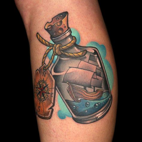 Ship In A Bottle & Compass Tattoo by Hiram Casas Ship In A Bottle Tattoo, In A Bottle Tattoo, Traditional Compass Tattoo, Pirate Ship Tattoos, Thigh Piece Tattoos, Pirate Ship Tattoo, Compass Rose Tattoo, Ship In A Bottle, Pirate Tattoo