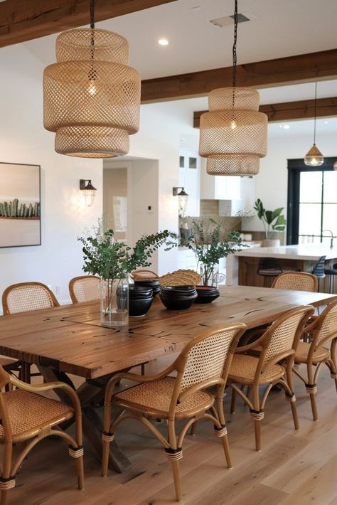 Natural Dining Room Ideas, Dinner Table Light, Dining Room Design Boho, Dinner Room Ideas, Rugs For Dining Room Table, Costal Cowboy, Modern Organic Dining Room, Organic Modern Dining, Wooden Dinner Table