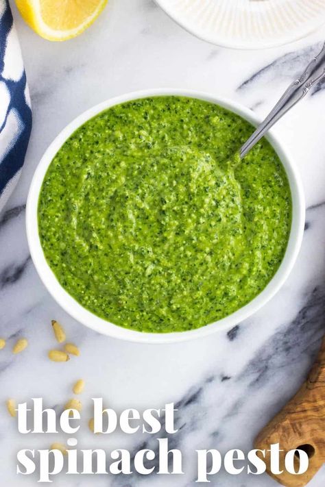 No basil? No worries! This spinach pesto recipe is SUCH an easy twist on traditional pesto that's perfect on pasta, paninis, and more. Done in just ten minutes or less, bump up the nutrition of your dinner with extra leafy greens. Fish Sandwiches, Pesto Sauce Recipe, Homemade Pesto Recipe, Salad Appetizer Cups, Pesto Spinach, Pesto Shrimp, Basil Pesto Recipes, Spinach Pesto, Pesto Pasta Recipes