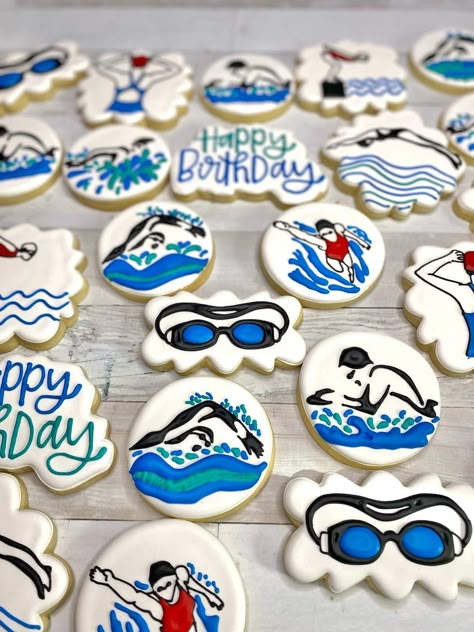 Bubble Decorated Cookies, Swim Team Cake Ideas, Swim Cookies Decorated, Swim Team Cookies Decorated, Swimming Cookies Decorated, Swim Team Cookies, Swim Cookies, Swimming Cupcakes, Pool Birthday Cakes