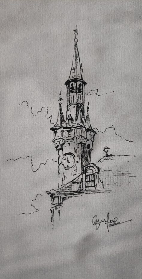 Ink Tober Drawings, House Sketches Architecture, Japanese Sketch Art Drawings, Dark Castle Drawing, Black And White Art Drawing Sketching, Vintage Style Drawing, How To Draw Architecture Step By Step, Sketchbook Ideas Architecture, Architecture Drawing Sketchbooks Easy